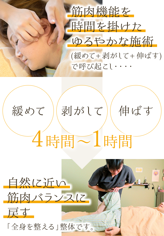 筋肉機能を時間を掛けたゆるやかな施術（緩めて、剥がして、伸ばす）で呼び起こし、自然に近い筋肉バランスに戻す「全身を整える」整体です。